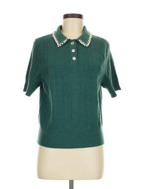 NANETTE Nanette Lepore Green Pearl Collar Short Sleeve Sweater Polo M